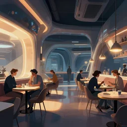 illustrated interior of a futuristic cafe, roger broders, hein schulz neudamm, giuseppe riccobaldi, dramatic lighting