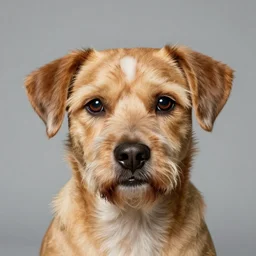 realistic studio portrait, human face disguised as a dog, vfx special effects, dog human hybrid creature, in the style of annie leibovitz