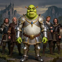 full length portrait of shrek wearing ornate silver armour with gold accents covered in jewels, epic landscape with mountains and castle in background, dark and moody by carl spitzweg, ismail inceoglu, vdragan bibin, hans thoma, greg rutkowski, alexandros pyromallis, perfect face, fine details, realistic shaded