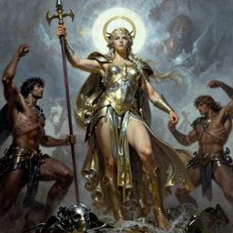 Olympus by Frank Frazetta, Greg Rutkowski, Boris Vallejo, epic fantasy character art, goddess of war, Exquisite detail, post-processing, low angle, masterpiece, cinematic