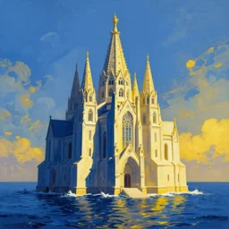 epic cathedral, growing from the sea, painted blue and yellow, trending artstation