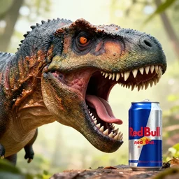 “dinosaur crushing a can of redbull with its jaw”