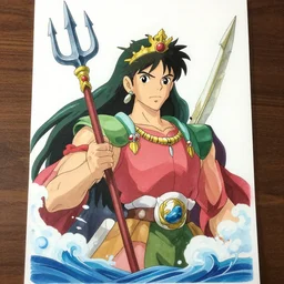 Poseidon with trident and crown, the god of the sea, anime drawing, ghibli