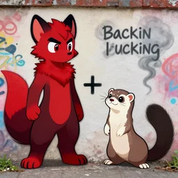 ( ( ( red + black ) ( furry fandom ) ( fursona ) ( weasel * ferret * stoat ) ) + ( smoke * backing ) ) = ( wall + graffiti )