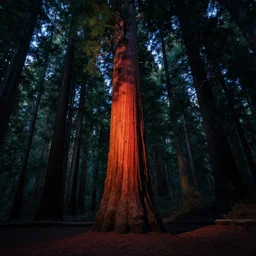 a beautiful redwood tree in the middle of a clearing in an epic dark forest by night