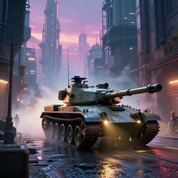 a film still from district 9 by stanislav poltavsky, an anti - crime military tank patrols an alley on an industrial planet city, vibrant, 5 0 mm lens, video game character and environment design, behance hd, studio, urban patrol, evening, dramatic lighting, misty and raining, cinematic, global illumination, trending on artstation, bloom