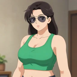 an anime art of beautiful curvy girl with an athletic feminine body in a green tank top and aviator classic sunglasses holding an assault rifle on a white background by krenz cushart, long hair, concept art, oc commission, tanned body, illustration