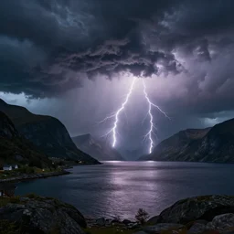 a dark thunderstorm over the Norwegian fjords, distant mountains, digital art, bright lightning bolts