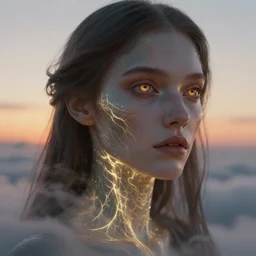biblical shy beautiful female druid android, heavy eyes to the side, closeup, bright glowing veins, in clouds, sunset, portrait, by gerald brom, by mikhail vrubel, by peter elson, muted colors, extreme detail, reflections, trending on artstation, 8 k