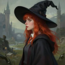 side portrait female witch student, magic school uniform, fantasy landscape, bangs red hair, sharp focus, illustration, highly detailed, digital painting, concept art, matte, art by wlop and artgerm and greg rutkowski and alphonse mucha, masterpiece
