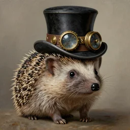 hedgehog wearing a steampunk top hat, portrait, painting, detailed, intricate