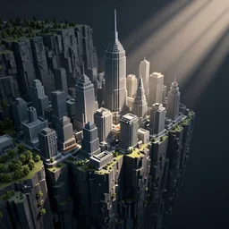 a voxelized city built into a voxelized cliff side , volumetric lighting, light rays, photorealistic, ultrarealistic, moody, artstation, coronarender, 8k