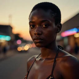 portrait face of a beautiful gorgeous black edgy model girl with short hair, bikini, she's sad, sunset, street of africa, 8 0 mm lens, 1. 2 aperture, grainy image, close up, cinematic light, 8 k, 4 k, flair, neon lights, very detailed, depressing atmosphere, cover magazine