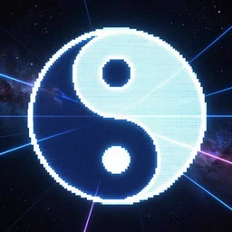 digital holographic pixelated ying - yang symbol of taoism on a nebula background, lasers, light streaks