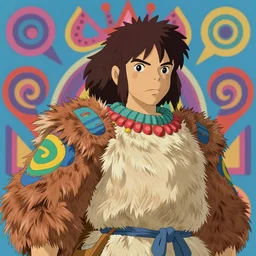 a colorful vibrant 3 d render game graphics unreal engine of princess mononoke from studio ghibli, intricately detailed, detailed fur, tribal psychedelic, colorful flat surreal design, hd, 8 k, artstation
