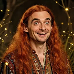 a totally amazed smiling pretty mr bean surrounded by golden firefly lights in a mesmerizing scene, fully covering intricate detailed bohemian outfit, long loose red hair, precise linework, accurate green eyes, small nose with freckles, beautiful smooth oval head, expressive emotions, hyper realistic ultrafine portrait by artemisia gentileschi, jessica rossier, greg rutkowski, artgerm