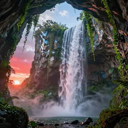 a beautiful and stunning digital render of a humongous diamond cave, vines, haze, waterfall, volumetric lighting, photorealistic, red, green, blue sky, sunset, unreal engine 5, ultra detail, trending on artstation