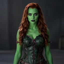 Aubrey Plaza as Poison Ivy in The Dark Knight, only her in the shot, green skin film still from the movie, wide lens