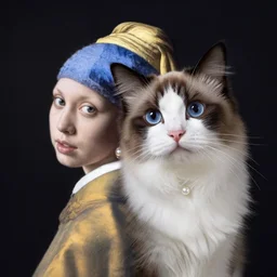 a cat wearing a Pearl Earring by Johannes Vemeer,