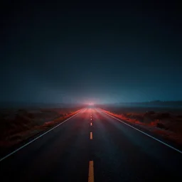 An extremely long and dusty road with minimal lighting leading into the middle of nowhere at night, film grain, large format photograph, 16x9 aspect ratio, vibrant colors, by Stephen King, misty, moody, sinister, cinematic lighting, cinematic color grading, 8k render, hyperrealistic, ultra HD, Unreal Engine 5 render