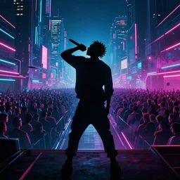 rapping into microphone, silhouette, huge crowd, cyberpunk, hip hop, digital art, outrun, neon lights, trending on Artstation, professional artist, detailed, 4k