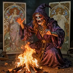 zombie wizard cardi b casting a spell over a bonfire, inspired by plastination, beautiful face, wearing robes inspired by alphonse mucha. character art inspired by brom art