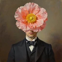 hyperrealism oil painting of a man in old fashioned suit with!!! big flower instead of his head!!!