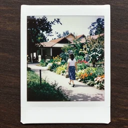 a polaroid photo cretan school 2001 by Elbridge Ayer Burbank flickr a woman walking down a sidewalk next to a garden photo taken with fujifilm superia garden gardens horticultural photo taken with ektachrome photo taken with provia
