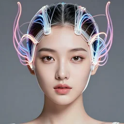 very beautiful woman, full face frontal centered, portrait, detailed intricate symmetrical ornate neon cables connected to head, clear lips, luxurious long hair, translucent abundent wiring and implants, translucent, porcelain, fractal, sci - fi, golden, dramatic lighting, photography, highly detailed, trending on artstation, deviantart, 8 k, by chie yoshii
