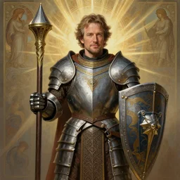 an ultradetailed portrait of robin williams dressed as a fantasy holy paladin, carrying a large tower shield, d & d, fantasy, intricate, elegant, highly detailed, digital painting, matte, sharp focus, illustration, plate armor, god rays, art by john collier and albert aublet and krenz cushart and artem demura and alphonse mucha