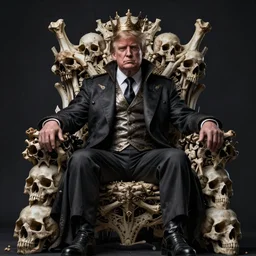 a very evil donald trump dark half - god lord king sitting on a throne made out of skulls and bones. high quality. 8 k resolution. hybrid artwork by leonardo da vinci and michelangelo