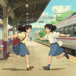 a couple meeting up at a trainstation, running at each other with open arms. cgsociety masterpiece, artstation trending, by rossdraws, ghibli, Kimi no Na wa, greg rutkowski