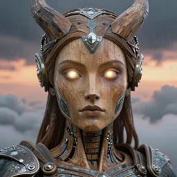 symmetry! closeup biblical diabolical beautiful female valkyree! wooden cyborg! stylish armor, heavy eyes to the side, closeup, bright glowing eyes, in clouds, rain, sunset, portrait, by gerald brom, by mikhail vrubel, by peter elson, muted colors, extreme detail, mirrors, trending on artstation, 8 k