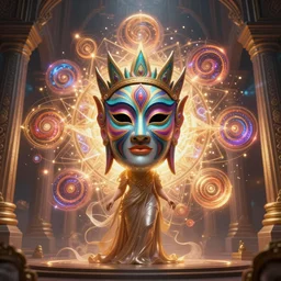 a centered render of an alluring goddess wearing a psychedelic mask surrounded by a glorious sacred energy made from geometry and spiral mandel bulb fractals in a majestic temple, powerful, cinematic, beautifully lit, by artgerm, by karol bak, 3 d, trending on artstation, octane render, 8 k