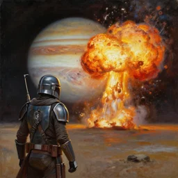mandalorian watching explosion on jupiter , oil painting by beksinski