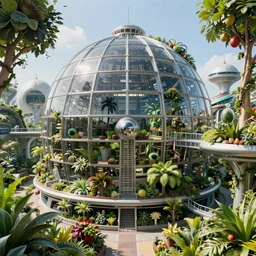 paradise city arcology inside a giant domed space station. green plants and fruit trees everywhere around natural futuristic structures. beautiful 4 k