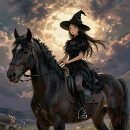 The black-haired young witch travels on her horse to the land of dreams