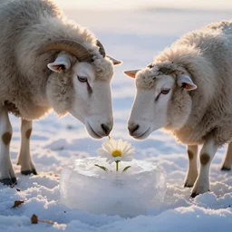 a sheep finding a beautiful flower, entrapped in ice, only snow in the background, beautiful macro photography, warm ambient light