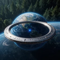 intergalactic stargate portal on a planet with a forest in the background, by alex grey