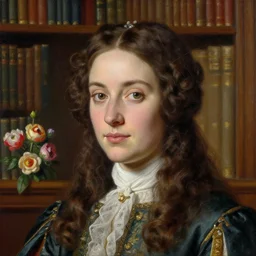 portrait of a young beautiful attractive woman, fair brown hair, intricate face, wearing 1 7 th century coat, in library, flowers, matte painting, sargent, leyendecker, close - up shot asymmetrical intricate elegant matte painting, sharp focus, by greg rutkowski
