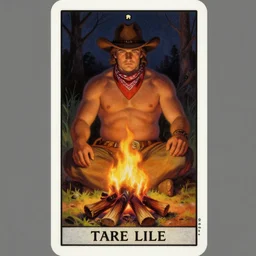 a dark ethereal tarot card painting: a handsome! chubby shirtless man wearing a cowboy hat and a bandana around his neck sits behind a campfire at night. in front of the campfire is an assortment of food and beverages. the man is smirking mischievously. tarot card, art deco, art nouveau. trending on artstation.