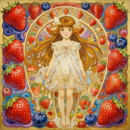 an intricate oil painting of a beautifull litle girl surounded by hiper detailed strawberry, blueberry, melting colorfull wax, colorfull, excelent composition, wide shot, by yoshitaka amano, by greg rutkowski, by alphonse mucha by jeremyg lipkinng, by rhads, by ross tran, by artgerm, octane render