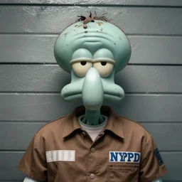 prison mugshot of real - life squidward, bright flash, brown prison shirt, squid tentacle arms, pale teal skin, low saturation, somber expression, filthy hair, rugged textured face, soft vignette, soft focus, 5 0 mm, 4 k, nypd