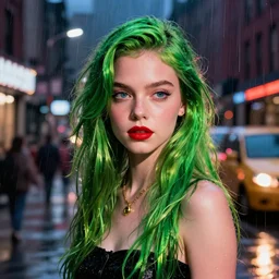 night flash portrait photography of anya taylor - joy with green hair on the lower east side by annie leibovitz, raining!!!, colorful!!, nighttime!!,