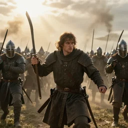 cinematic still of a medieval commander in his 2 0 s with medium brown hair leading the charge into battle by greg rutkowski, 4 k, masterpiece, sun rays