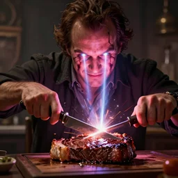 billy butcher cutting a piece of steak with lazers coming from his eyes, hyperdetailed, artstation, cgsociety, 8 k
