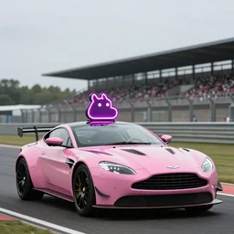 Pink Aston Martin on race track with an emoji poo neon sign on roof, trending on artstation, hyperrealism