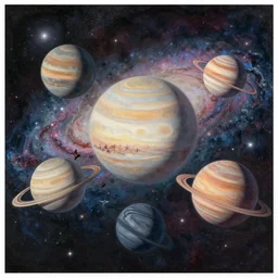 A beautiful painting of five planets,  by greg rutkowski and thomas kinkade, behind the galaxy and the universe, Trending on artstation