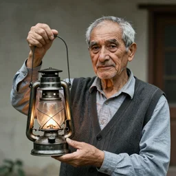 a portrait of an old man holding a gas lamp, realistic, 4k