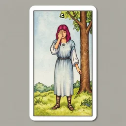 a highly detailed tarot card of A beautiful woman,  with medium length magenta hair covering an eye, standing in a grassy field, with a tall tree, and covered in large obsidian crystals, cinematic lighting, dramatic atmosphere, by Dustin Nguyen, Akihiko Yoshida, Greg Tocchini, Greg Rutkowski, Cliff Chiang, 4k resolution, trending on artstation